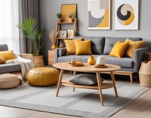 The stylish boho compostion at living room interior with design gray sofa, wooden coffee table, commode and elegant personal accessories. Honey yellow pillow and plaid. Cozy apartment. Home decor