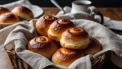 Soft and fluffy brioche rolls with a glossy finish, placed in a basket lined with a linen cloth.