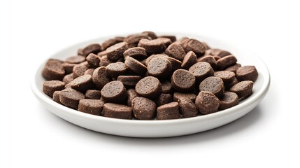 Naklejka premium Dry dog food in a white ceramic plate macro isolated on white background : Generative AI