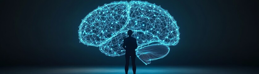 A silhouette of a person standing in front of a glowing digital brain, representing technology and innovation in neuroscience.