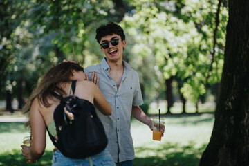 Two friends laughing and playfully messing each other's hair in a lively park setting, enjoying a...
