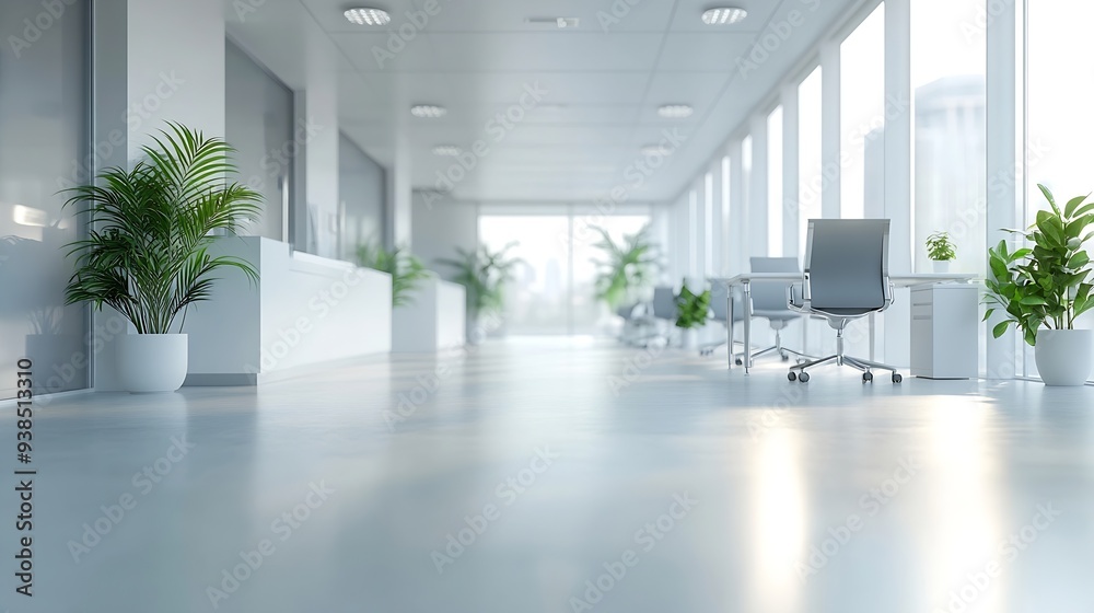 Poster abstract blurred image of modern open space office with white interior concept full furniture for ba