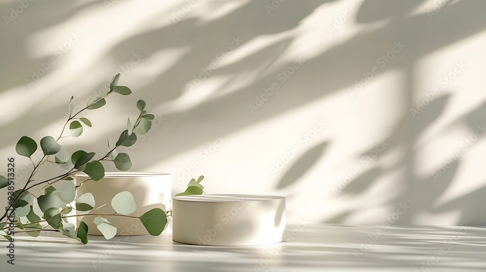 Poster two empty white cylinder shaped podium and natural green eucalyptus branch with shadows on light gre
