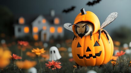 A whimsical Halloween scene with a bee inside a carved pumpkin amidst colorful flowers and a spooky house in the background.