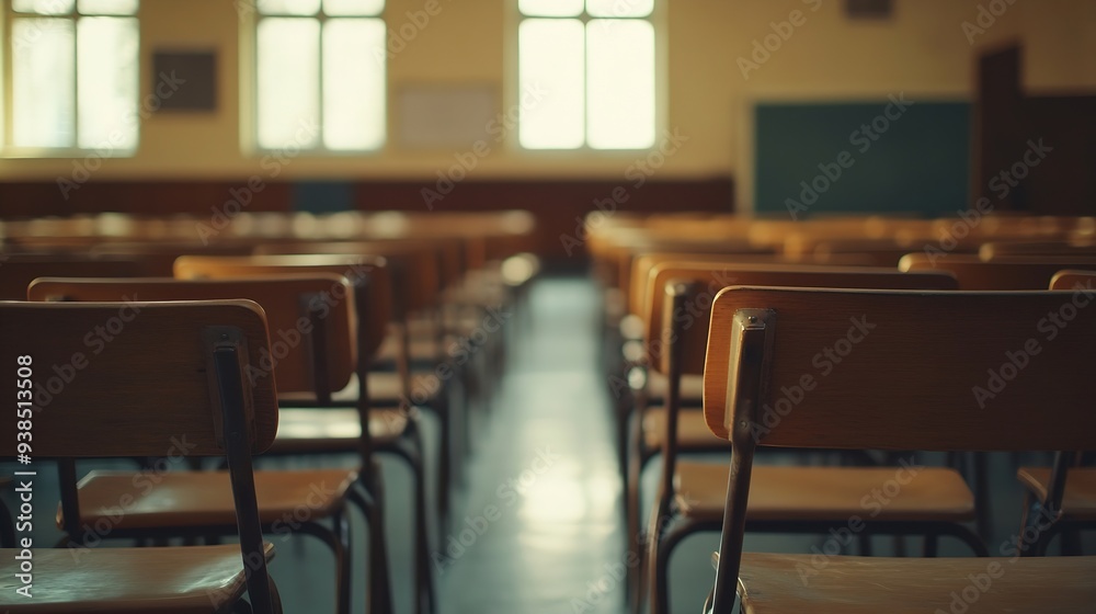 Poster empty classroom with a lot of chair with no student empty classroom with vintage tone wooden chairs 