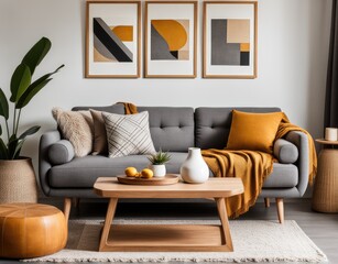 The stylish boho compostion at living room interior with design gray sofa, wooden coffee table, commode and elegant personal accessories. Honey yellow pillow and plaid. Cozy apartment. Home decor