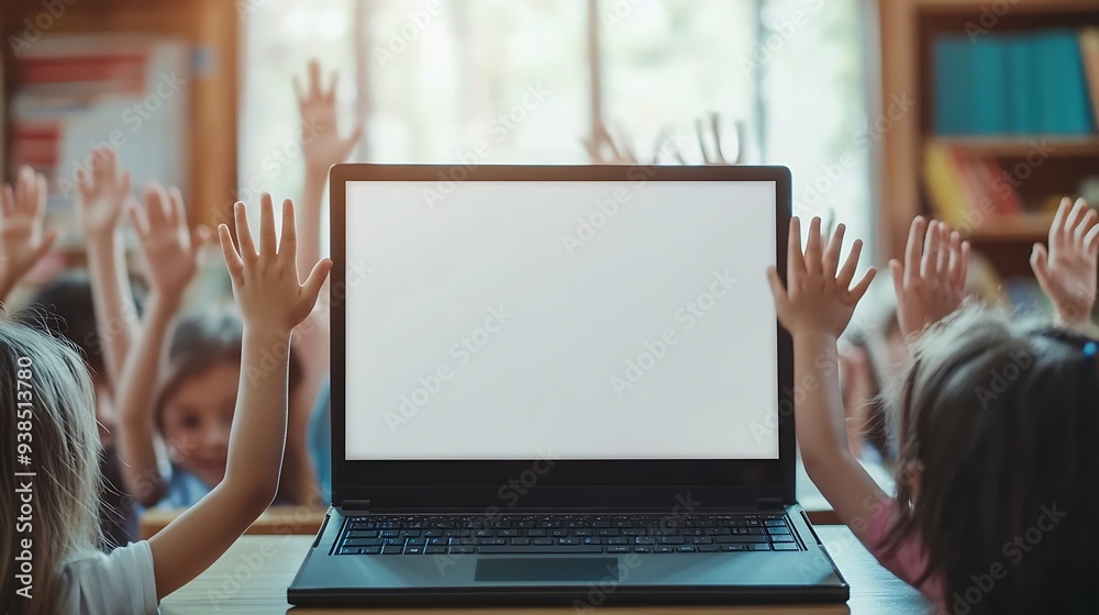 Poster Laptop computer with blank mockup screen on teachers table with junior children pupils raising hands in classroom Education software website technology ads concept : Generative AI