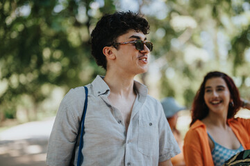 Obraz premium Young friends enjoying a sunny day outdoors, smiling and having a great time together in a beautiful park setting. Perfect for concepts of friendship and outdoor leisure.