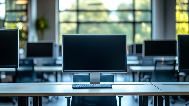Modern office with computers on desks Empty computer room in college Interior of classroom with computers Concept of corporate working space : Generative AI