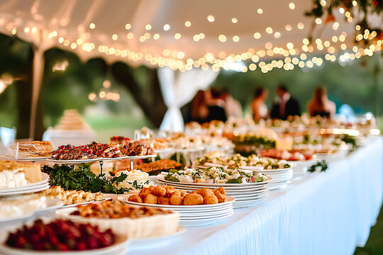 Buffet de mariage en ext&eacute;rieur dans le jardin avec guirlandes de lumi&egrave;re sous chapiteau