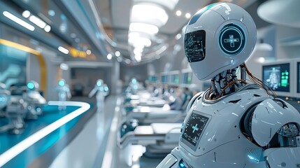 A futuristic AI-powered hospital with robots and advanced diagnostic tools, symbolizing healthcare transformed by AI