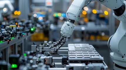 An AI-powered robotic arm assembling a complex piece of machinery with precision, symbolizing the future of manufacturing