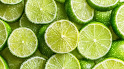 Fresh juicy lime slices as background, top view , ai