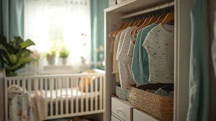 A stylish baby room featuring an open wardrobe filled with baby clothes a cozy crib and a bright window : Generative AI