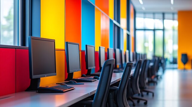The modern office interior with individual workstations separated by colorful partition walls providing a sense of privacy while maintaining an openoffice concept : Generative AI