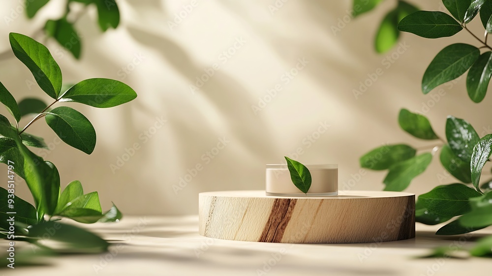 Poster minimal modern product display on neutral beige background wood slice podium and green leaves concep