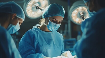 Team of doctor or surgeon and nurse in blue gown inside operating room did minimal invasive spine surgery technology with medical instrumentDisc surgery in sciatica painClose up at ins : Generative AI