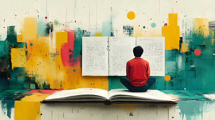 A person sits on an open book, with a large open book behind, against a colorful abstract background.