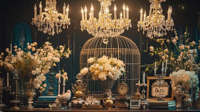 Video footage of a birdcage installation decorated with flowers and unique design.