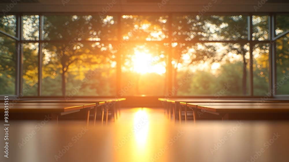 Leinwandbilder Classroom or lecture room interior empty with rising sun in morning Blur image use for background : Generative AI