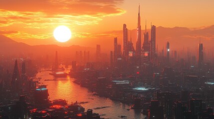 Futuristic Cityscape with Sunset and River