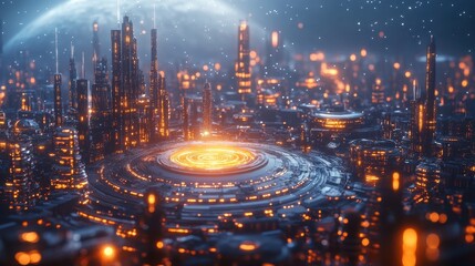 Obraz premium Futuristic Cityscape with Glowing Lights and Circular Design