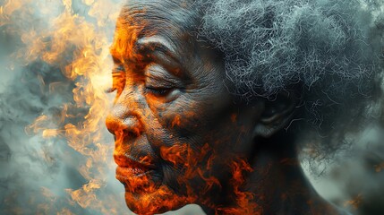 Obraz premium Abstract double exposure effect portrait of a depressed and lonely elderly senior black African American woman suffering with loneliness Alzheimer's dementia degenerative brain disease