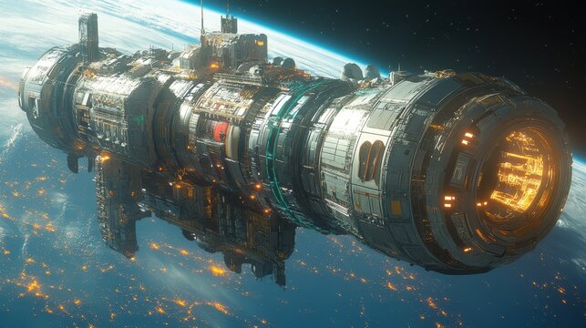 Futuristic Spaceship Orbiting Earth with City Lights
