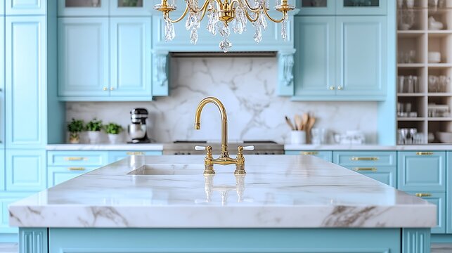 Luxury modern and vintage turquoise and white kitchen Marble kitchen island with white owal chandelier  Gold tap on marble table top Template : Generative AI