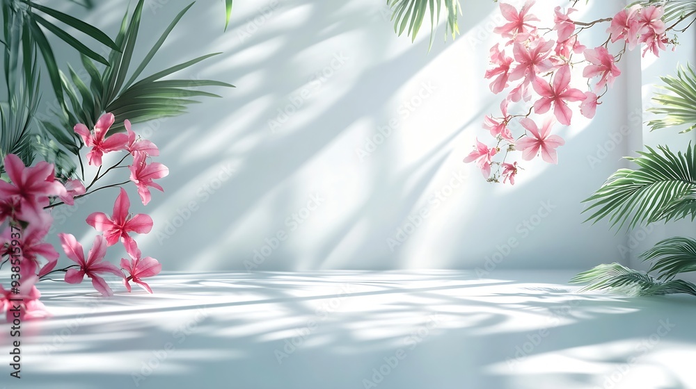 Poster Abstract white studio background for product presentation Empty room with shadows of window and flowers and palm leaves  3d room with copy space Summer concert Blurred backdrop : Generative AI