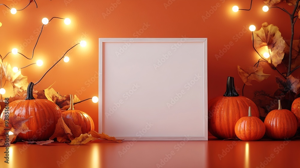 Leinwandbilder white empty frame in orange solid color studio scene white lights halloween background product displ