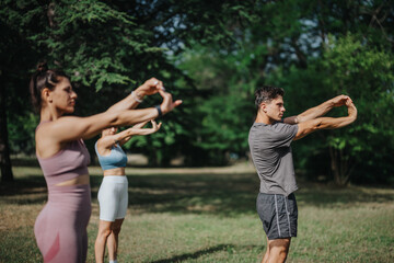 Obraz premium A group of people participating in an outdoor workout session in a park, focusing on stretching exercises and calisthenics.