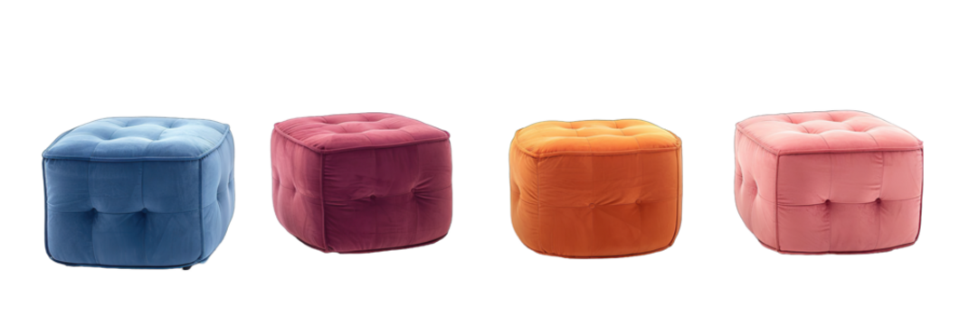 Soft poufs of different colors, set of colorful square  soft ottoman stools isolated on transparent background 