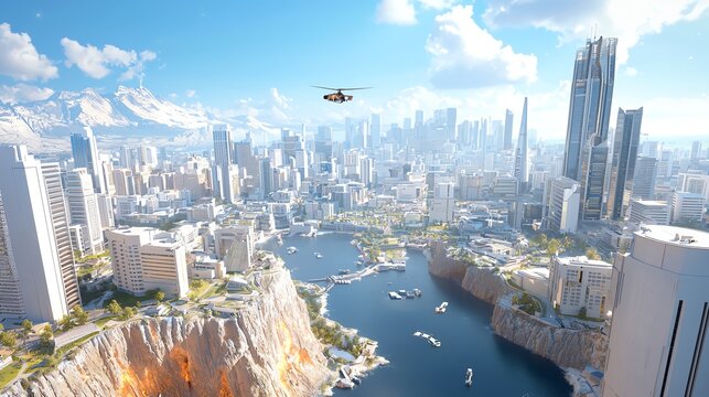 Aerial view of a futuristic city with skyscrapers, a vibrant river, and a helicopter flying over a stunning landscape. Sci fi Concept.