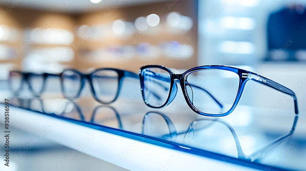 Poster close-up of designer eyewear store with glasses on a sleek display stand