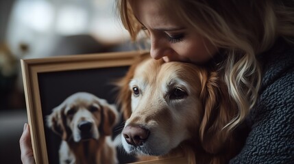Woman holding frame with picture of dog in room closeup Pet funeral : Generative AI