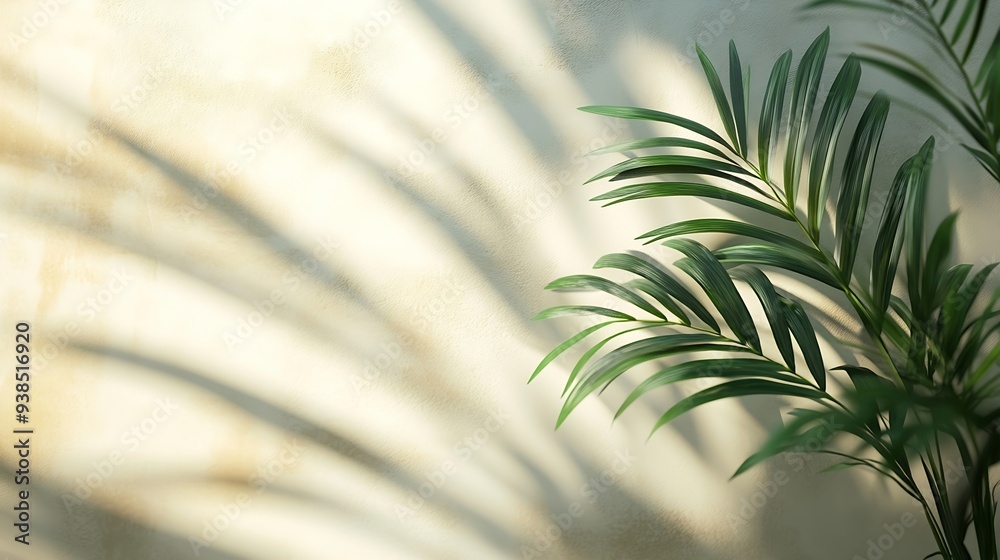 Poster Blurred shadow from palm leaves on light cream wall Minimalistic beautiful summer spring background for product presentation : Generative AI