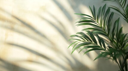 Fototapeta premium Blurred shadow from palm leaves on light cream wall Minimalistic beautiful summer spring background for product presentation : Generative AI