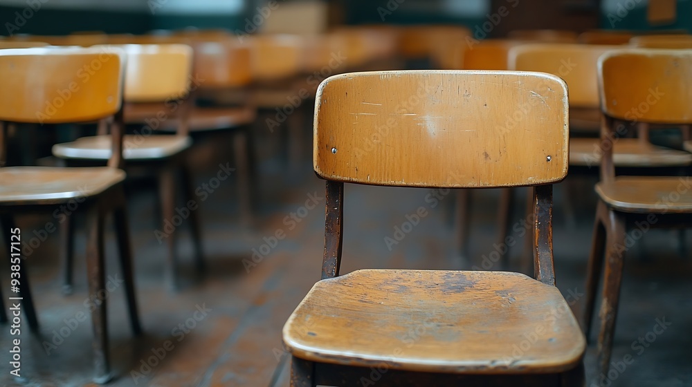 Leinwandbilder selective soft and blur focusold wooden row lecture chairs in classroom in poor schoolstudy room wit