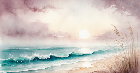 a serene watercolour seaside scene at dawn