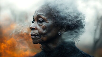 Obraz premium Abstract double exposure effect portrait of a depressed and lonely elderly senior black African American woman suffering with loneliness Alzheimer's dementia degenerative brain disease