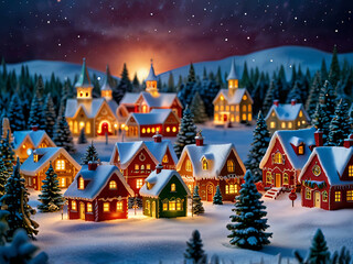 Fototapeta premium a serene winter wonderland scene in soft, velvety oil paints, depicting a snow-globe-inspired Christmas village at dusk