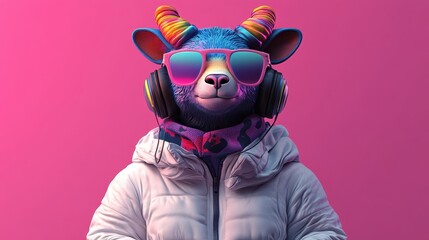 Cool Goat in Neon Sunglasses and Headphones on Pink Background