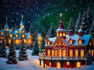 Fototapeta premium a serene winter wonderland scene in soft, velvety oil paints, depicting a snow-globe-inspired Christmas village at dusk