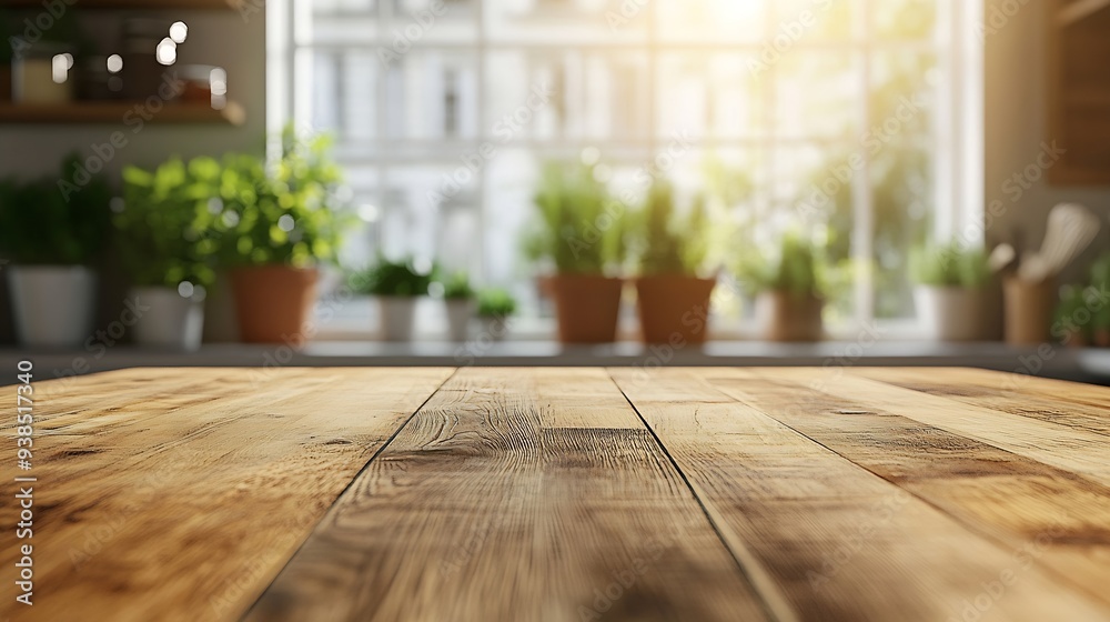 Aufkleber wood table top on blurred kitchen background can be used mock up for montage products display or des