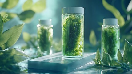 Front view of seaweed leaves on flasks and transparent podium decorated on backlit background Scene for advertising cosmetic of seaweed extract has the effect of treating acne detoxing : Generative AI