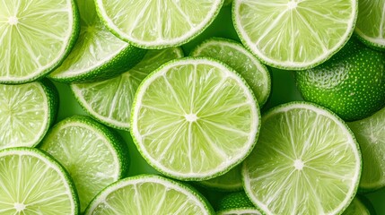 Fresh juicy lime slices as background, top view , ai