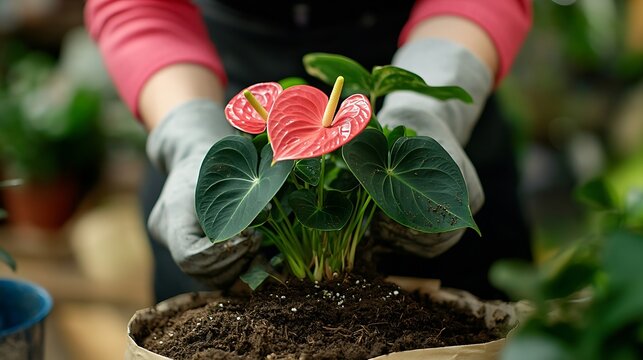 Woman repotting anthurium silver blush into a new pot Close up of healthy root system in soil Caring for houseplants Transplanting indoor plant : Generative AI