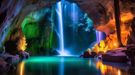 Naklejka premium a magical lake inside a grotto reflects the night sky, magic waterfalls of different colours. Eerie, misty, peaceful, colourful