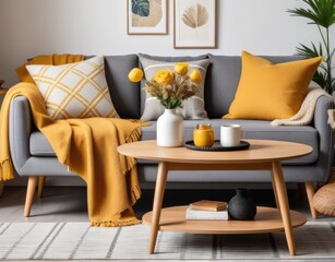 The stylish boho compostion at living room interior with design gray sofa, wooden coffee table, commode and elegant personal accessories. Honey yellow pillow and plaid. Cozy apartment. Home decor